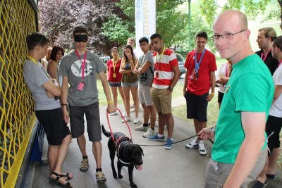 A black Labrador in harness is leading a blindfolded boy in the picture. The others are standing around them. 