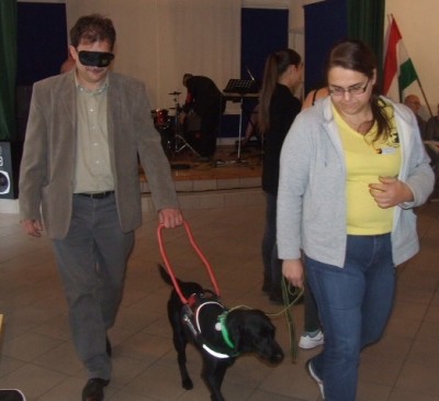 In the picture a black Labradir in harness is guiding a man. The leash of the dog is held by a woman.