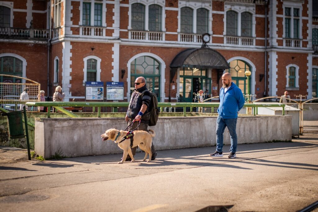 A képen Kiss Barna kliens a miskolci Tiszai pályaudvar előtt látható, amint Tangó nevű vakvezető kutyája vezeti, mögöttük pedig a kutya kiképzője kíséri őket.