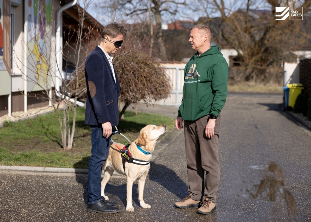 Miskolci központunkban ismertettük meg az SMC Hungary vezetőivel, hogyan vezet egy vakvezető kutya.