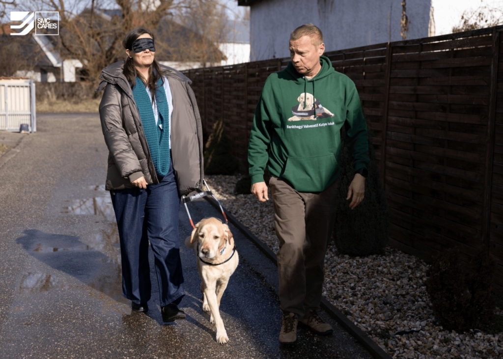 Miskolci központunkban ismertettük meg az SMC Hungary vezetőivel, hogyan vezet egy vakvezető kutya
