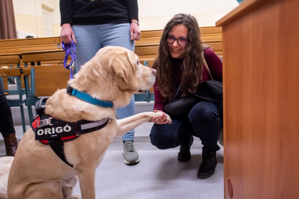 Origó ülve pacsit ad egy, a rendezvényen részt vevő hölgynek.