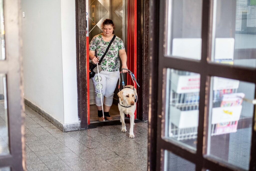 Kata vakvezető kutyájával, Diódával lép ki egy épület liftjéből a folyosóra, miközben bal kezében fehér botot tart, jobb kezével pedig Dióda hámját fogja.