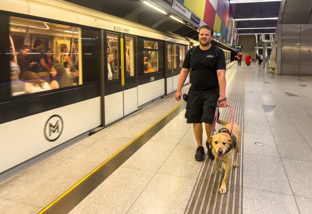 Orbán Roland sárga színű vakvezető kutyájával, Orionnal sétál egy metróállomás peronján a taktilis sáv mentén, miközben mellette egy fehér metró szerelvény látható.